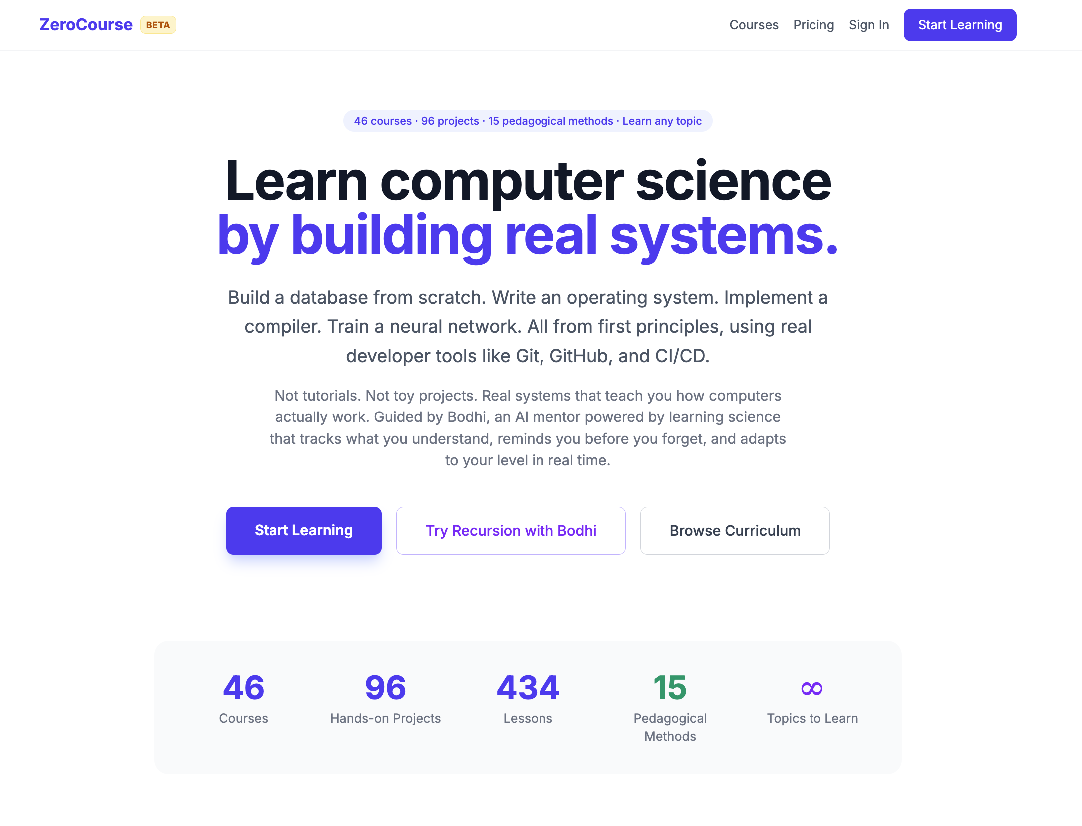 ZeroCourse landing page — Learn computer science by building real systems